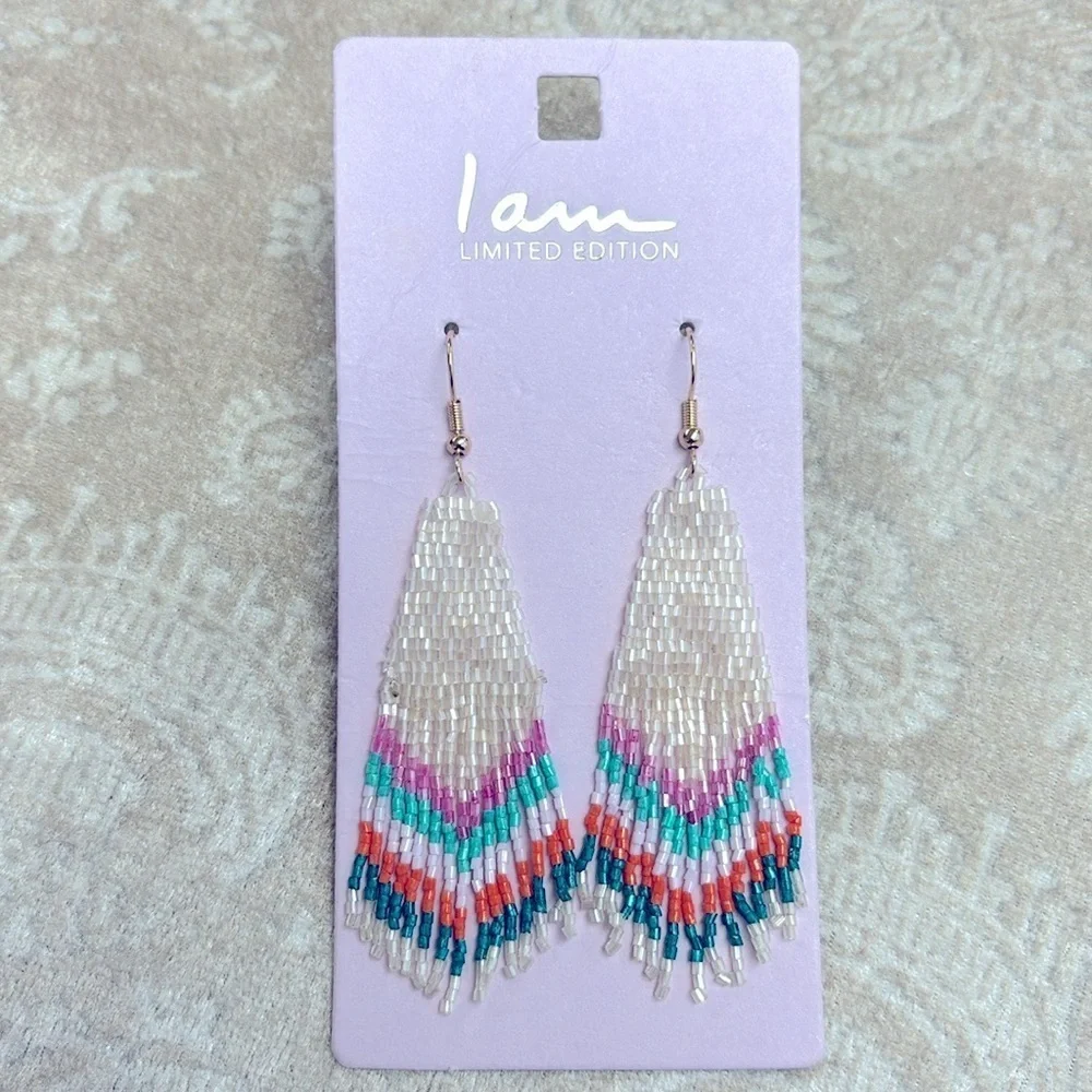 Brand New I Am Colorful Lightweight Glass Seed Beaded Drop Earrings Tribal Aztec